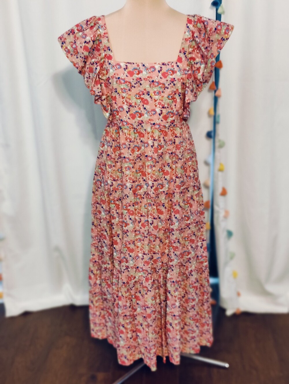 Crosby ankle length Swiss Dot ditsy floral Dress Ruffles Lined  Back Out Bow SM